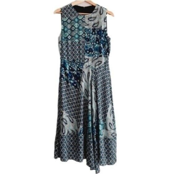 ELIE TAHARI 100% Silk Midi Dress Asymmetrical Paisley Floral Blue Sz S - Picture 2 of 8